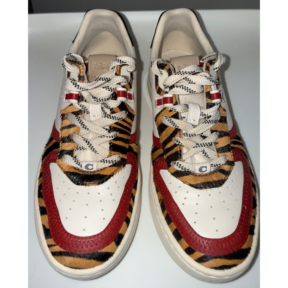 Coach CitySole Court Sneakers White Leather Tiger Print Calf Hair Red size 7 - Picture 2 of 14